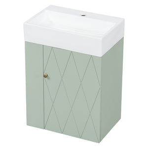 English Elm 20 Modern Wall-Mounted Bathroom Vanity with Ceramic Sink, Diamond Door, Gold Handles & Shelves — Compact Green N725P314033F