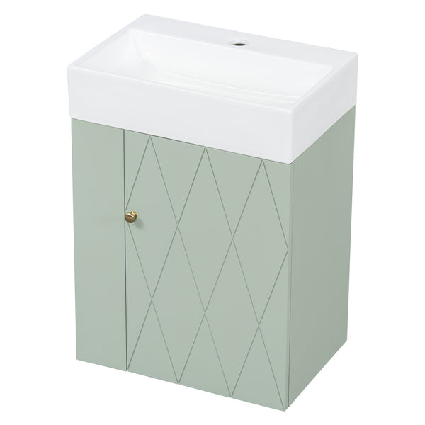 English Elm 20 Modern Wall-Mounted Bathroom Vanity with Ceramic Sink, Diamond Door, Gold Handles & Shelves — Compact Green N725P314033F