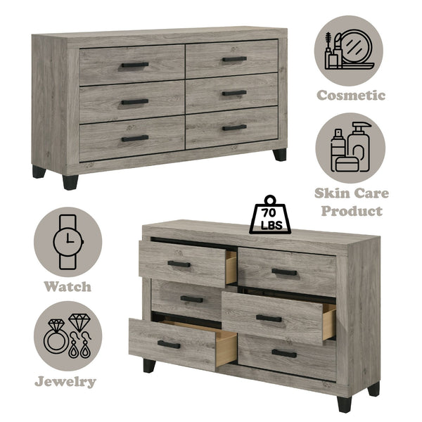 English Elm Mari Modern Wood Dresser with 6 Dovetail Drawers, Smooth Metal Glides, 3/4 Extension, Safety Stop Light Gray 60.3 L x 19.3 W x 38.8 H B2726P292251
