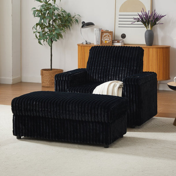 English Elm 42.5-inch corduroy single recliner with cup holder, storage ottoman, plush back pillow for lounging Black W834P375124