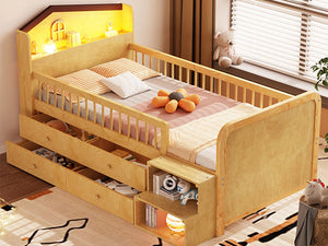 English Elm Low Twin Loft Bed with House-Style Headboard and Built-In LED Lights for Modern Kids' Rooms Natural 42.91 L x 28.35 W x 6.69 H W2593S00007