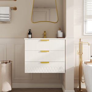 English Elm 24inch Bathroom Vanity with Ceramic Basin Sink, Wall-Mounted Double Drawer Cabinet for Small Baths White N710P324097K