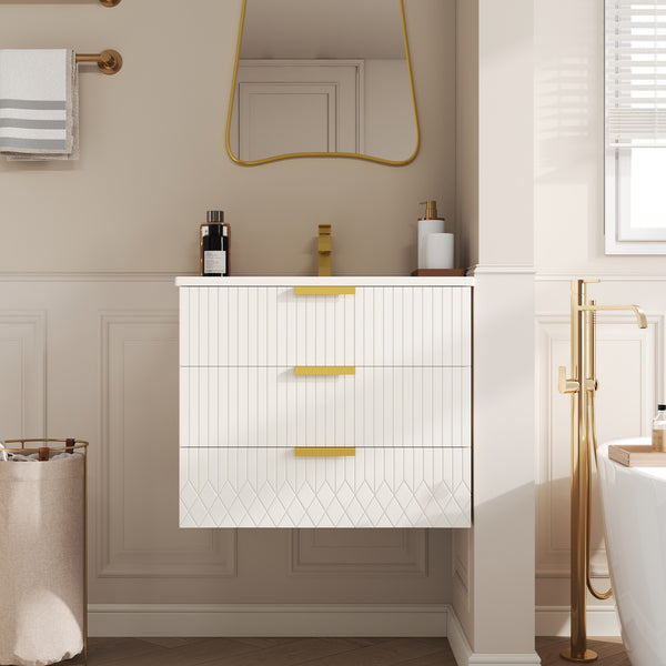 English Elm 24inch Bathroom Vanity with Ceramic Basin Sink, Wall-Mounted Double Drawer Cabinet for Small Baths White N710P324097K