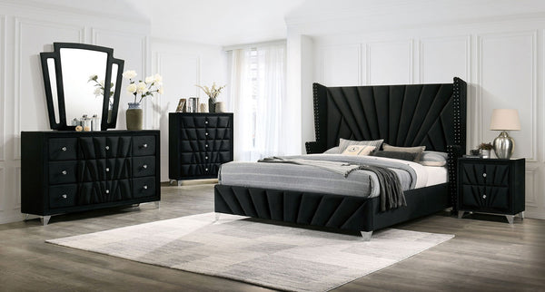 English Elm Bedroom Wooden Queen Bed with High Panel Headboard, Gold Trim Accent, Modern Luxury Design Black 84 L x 40.5 W x 3.3 H B2741S00113