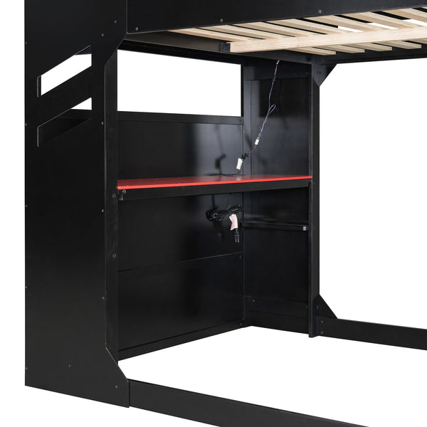 English Elm Full Size Loft Bed with Rgb Lighting Desk Drawers Hanging Rod Teen Bedroom Red LT000288AAJ-1