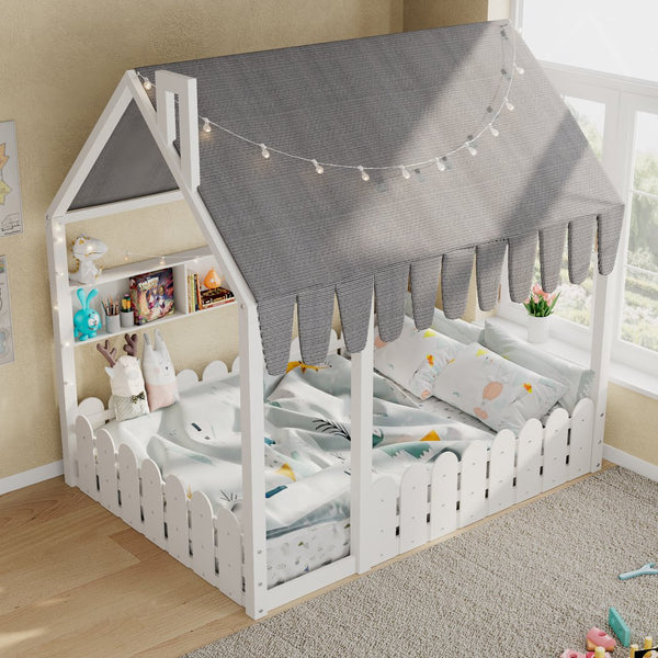 English Elm {slats Are Not Included} Twin Montessori House Floor Bed Kids Tent Lights Shelves Pinewood Frame White N708P407963K