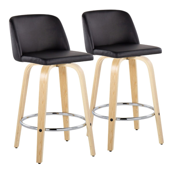 English Elm Toriano 26" Modern Counter Stools Set Of 2 With Swivel Black Faux Leather & Natural Wood Legs B202S00432-GIGA
