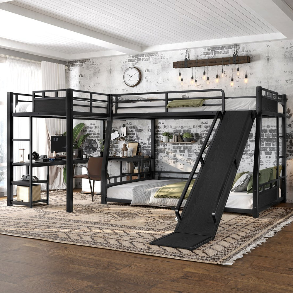 English Elm L-shaped Metal Triple Bunk Bed with Slide Desk Shelves Sleep Study Play Zone W1580S00280