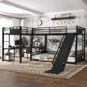 English Elm L-shaped Metal Triple Bunk Bed with Slide Desk Shelves Sleep Study Play Zone W1580S00280