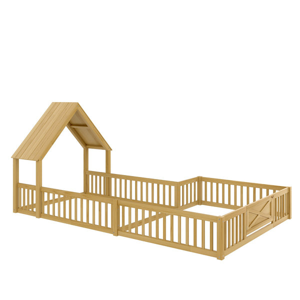 English Elm Full Full Size House Floor Bed with Door & Guardrails, Solid Wood Playful Design for Kids, Safe and Durable Natural W1580P327131