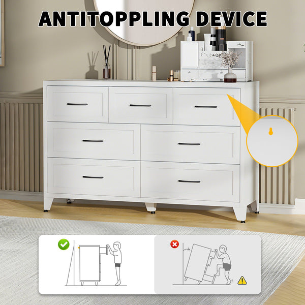 English Elm 7-drawer Steel Dresser Wide Low Profile White Cabinet for Bedroom or Entryway T2398P498867