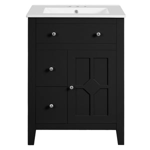 English Elm 24" Modern Bathroom Vanity with Ceramic Basin, French Country Cross-Grid Design & Soft-Close Drawers Black N710P280655B