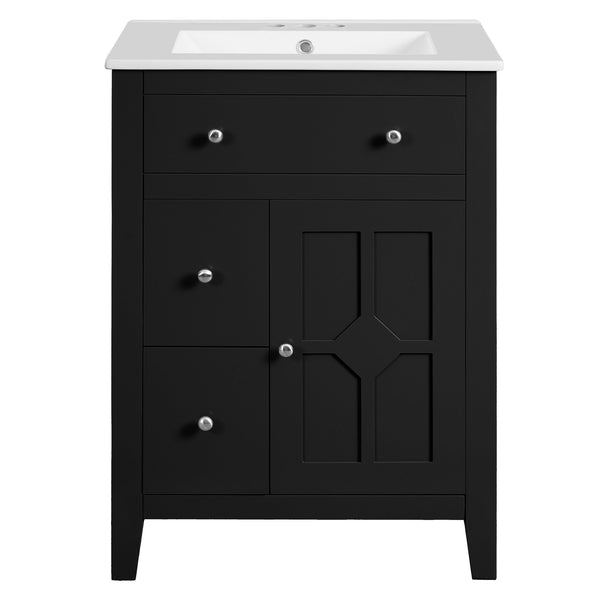 English Elm 24" Modern Bathroom Vanity with Ceramic Basin, French Country Cross-Grid Design & Soft-Close Drawers Black N710P280655B
