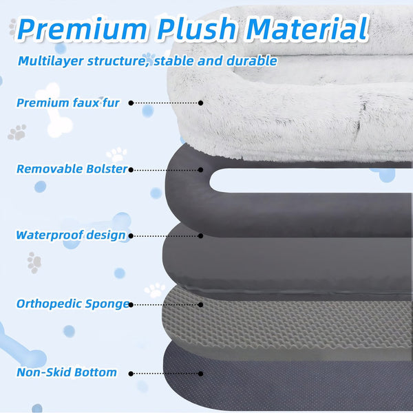 English Elm Human Plush Faux Fur Dog Bed 71"x45"x14" Gray — Washable Orthopedic Napping Lounger for Two W3101P314614