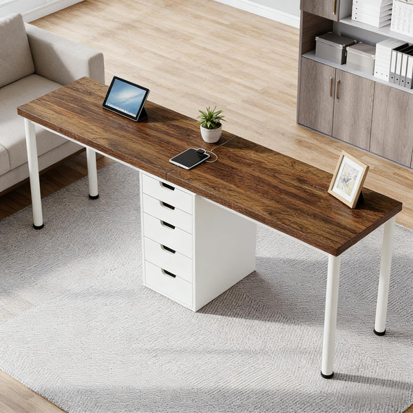 English Elm Computer Desk Two Person Wood Grain Workstation with Drawers for Shared Home Office T3971P453706