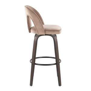English Elm Fixed-height Swivel Barstools Walnut Bentwood Taupe Velvet Seat Mid-century Set of 2 B202S01887