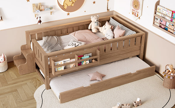 English Elm Twin Kids Platform Bed with Trundle Staircase Bookshelf and Rounded Safety Rails Natural W1580S00558