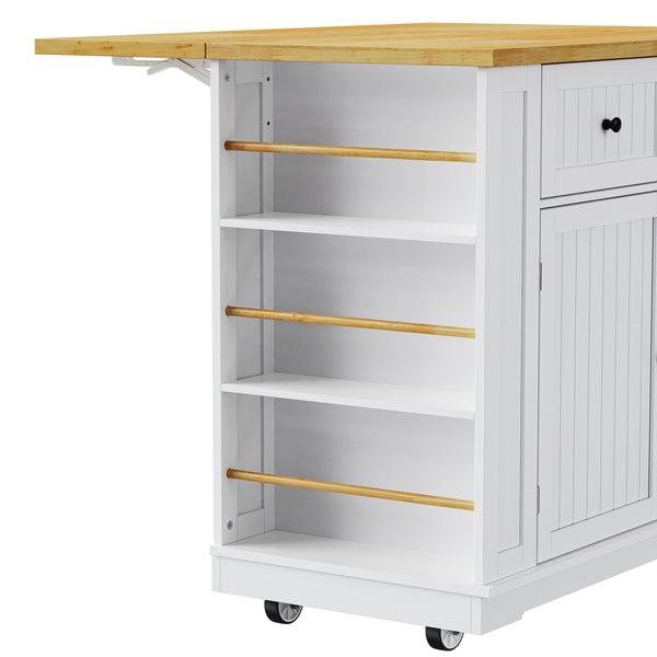 English Elm K&K 48 Inch Kitchen Island Cart with Drop Leaf, Built-In Power Station, Adjustable Shelves & Wheels White N707P257057W