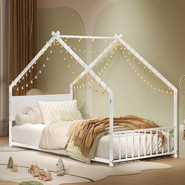 English Elm Twin House Shaped Metal Bed Frame with Led Lights and Wood Slats for Kids W1820P356049