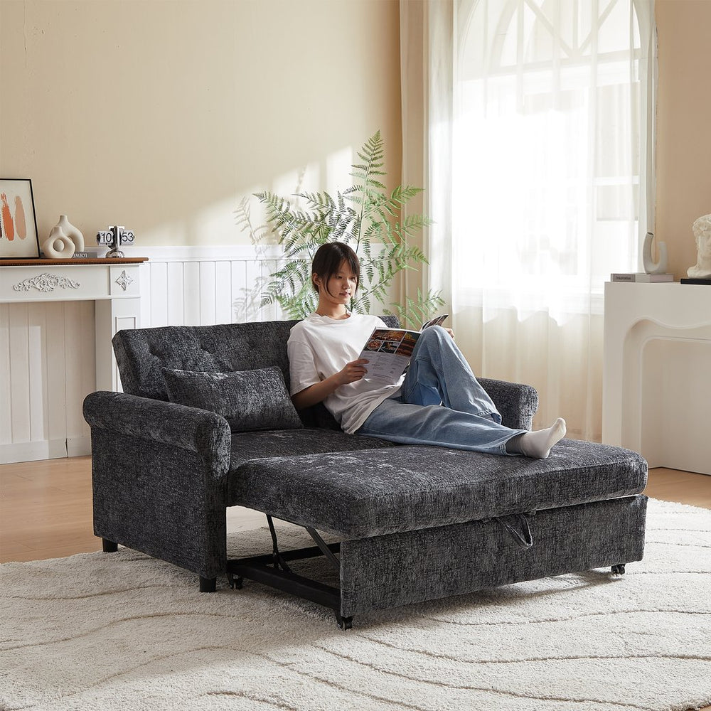 English Elm 58.27 Plush Velvet 3-in-1 Loveseat Sofa Bed with USB Port, Storage Bag, Pillows, Compact Convertible Comfort Dark Gray W1183S00019