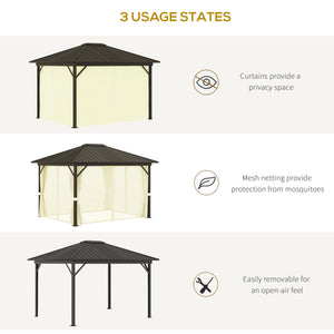 English Elm Gazebo Hard Top Steel Roof Aluminum Frame Outdoor Shelter with Mesh Walls and Privacy Curtains T3971S00069