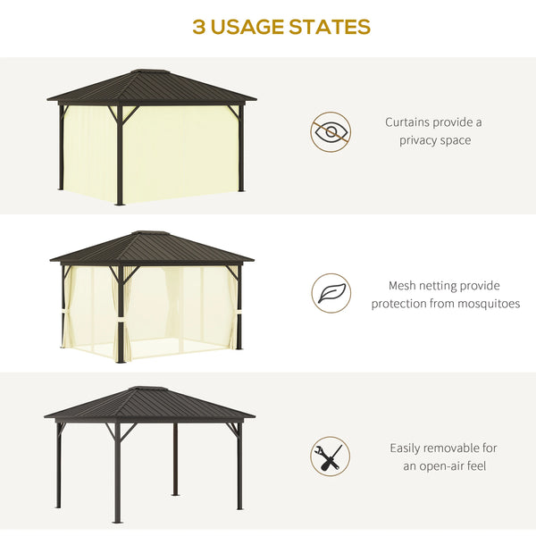 English Elm Gazebo Hard Top Steel Roof Aluminum Frame Outdoor Shelter with Mesh Walls and Privacy Curtains T3971S00069