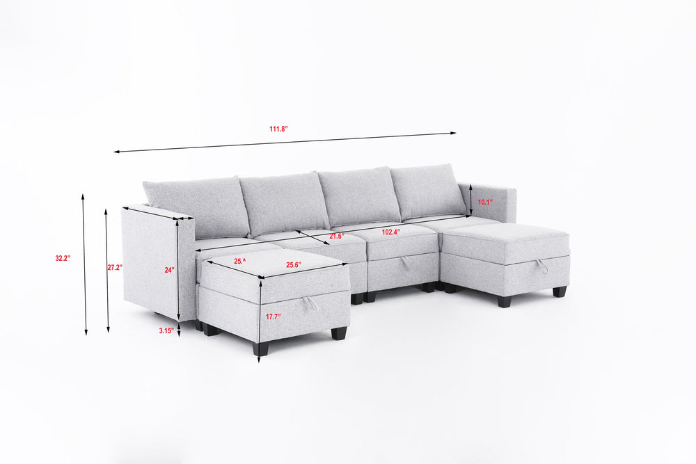 English Elm Convertible Modular U-shape Sectional with Hidden Storage Terry Fabric 4-seat Sofa Light Grey W2791S00012