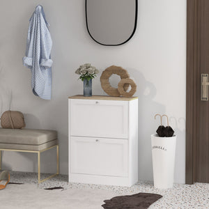 English Elm HOMCOM Slim Shoe Cabinet for Entryway with 2 Flip Drawers, Adjustable Shelves, Oak Top, Anti-Tip Stability White W2225P249597