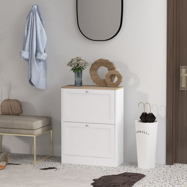 English Elm HOMCOM Slim Shoe Cabinet for Entryway with 2 Flip Drawers, Adjustable Shelves, Oak Top, Anti-Tip Stability White W2225P249597