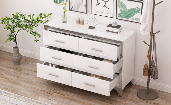 English Elm Elegant High Gloss Dresser with Metal Handles and Mirrored Panels, 6-Drawer Space-Saving Storage Solution White 55.71 L x 19.29 W x 10.63 H N733P205355K