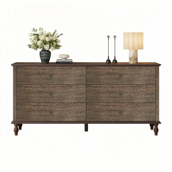 English Elm 6-drawer Wide Dresser Burnt Wood Grain Finish Copper Handles Roman Column Legs Bedroom Deep Rustic Brown W1445S00003