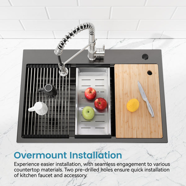 English Elm Stainless Steel Handmade Matte Black Workstation Sink with Colander and Cutting Board T3177P286038