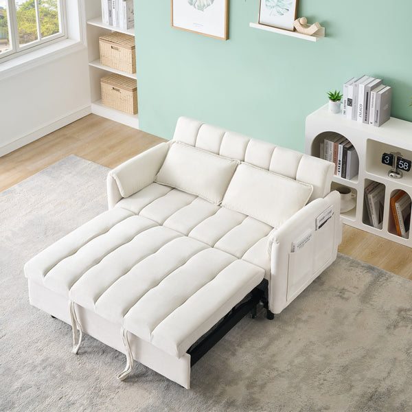 English Elm 52 Beige Modern Velvet Sofa Pullout Bed, 3-in-1 Convertible 52" Loveseat for Small Spaces, Pillows & Storage Pockets W1658P266333