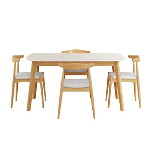 English Elm 5-piece Mid-century Modern Dining Set Rubberwood Table Splayed Legs Cushioned Chairs Beige,White+Oak N759S002002B