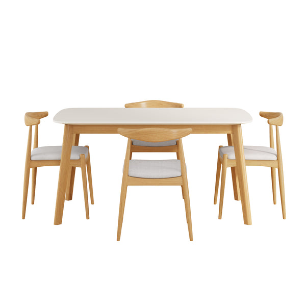 English Elm 5-piece Mid-century Modern Dining Set Rubberwood Table Splayed Legs Cushioned Chairs Beige,White+Oak N759S002002B
