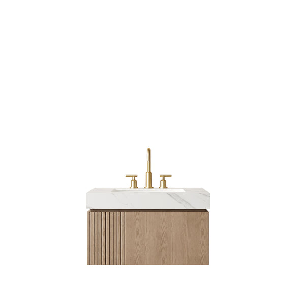 English Elm Muri Floating Bathroom Vanity Plywood Cabinet Sintered Stone Top Oak Drawer W2615S00639