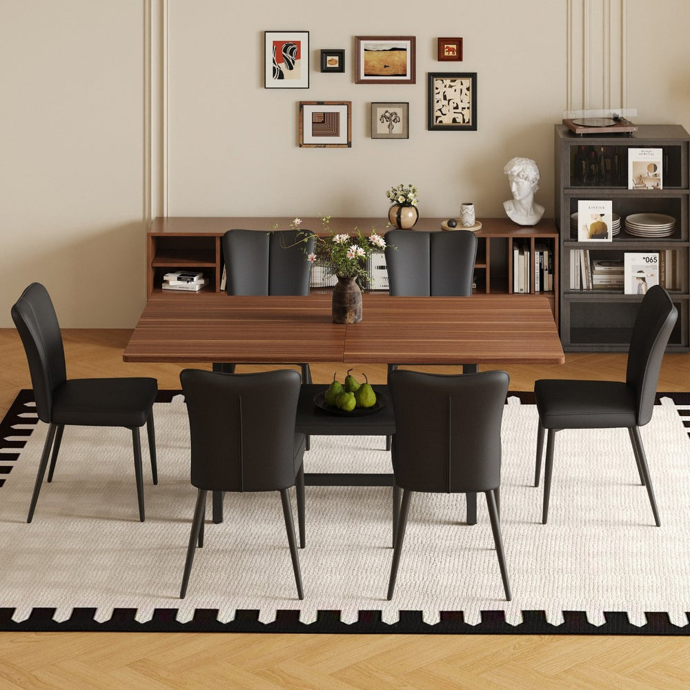 English Elm Table Set: Stylish Walnut Grain Dining Table With 6 Ergonomic Black Pu Chairs For Modern Homes W1151S04286-GIGA