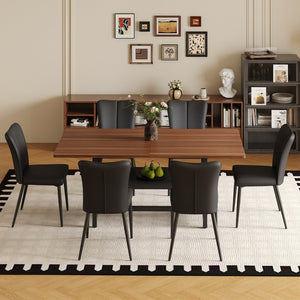 English Elm Table Set: Stylish Walnut Grain Dining Table With 6 Ergonomic Black Pu Chairs For Modern Homes W1151S04286-GIGA