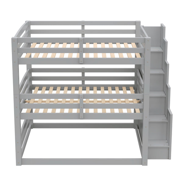 English Elm Full Size Triple Bunk Bed Solid Pine Frame with Storage Staircase Separate Convertible Design Gray N7090000477E