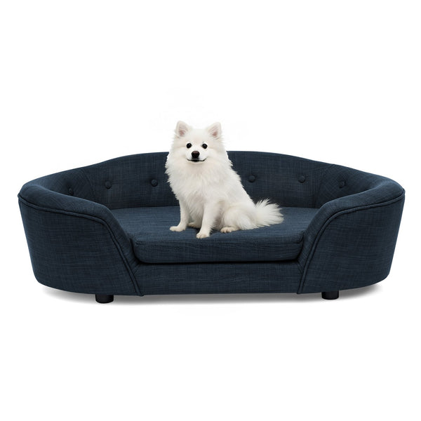 English Elm Oversized Oval Dog Sofa with Tufted Linen Backrest for Large Breed Lounging Comfort Dark Blue W487P415301