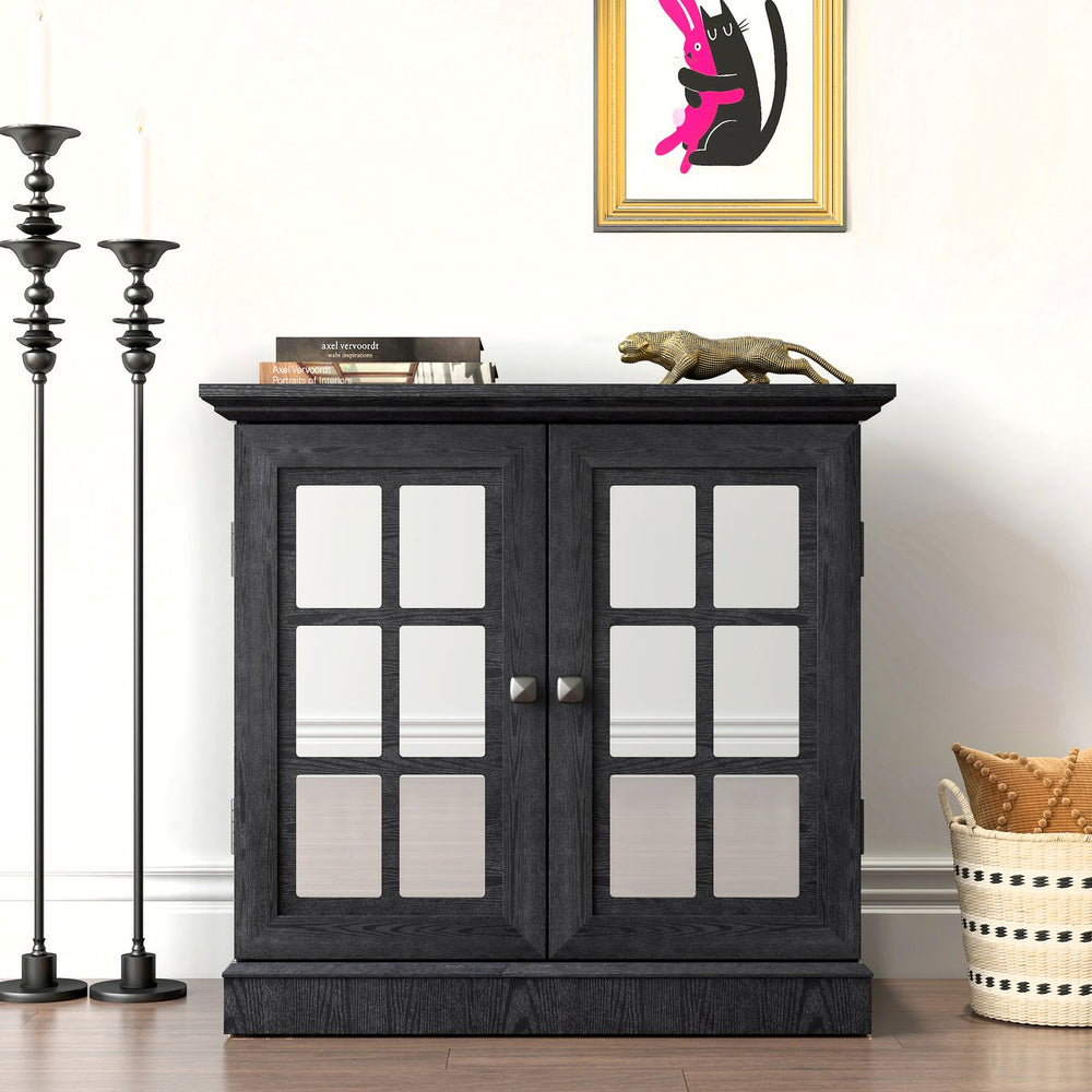 English Elm Storage Sideboard with Mirrored Acrylic Doors and Wood Grain Mdf Finish for Compact Rooms Black W2899P372748