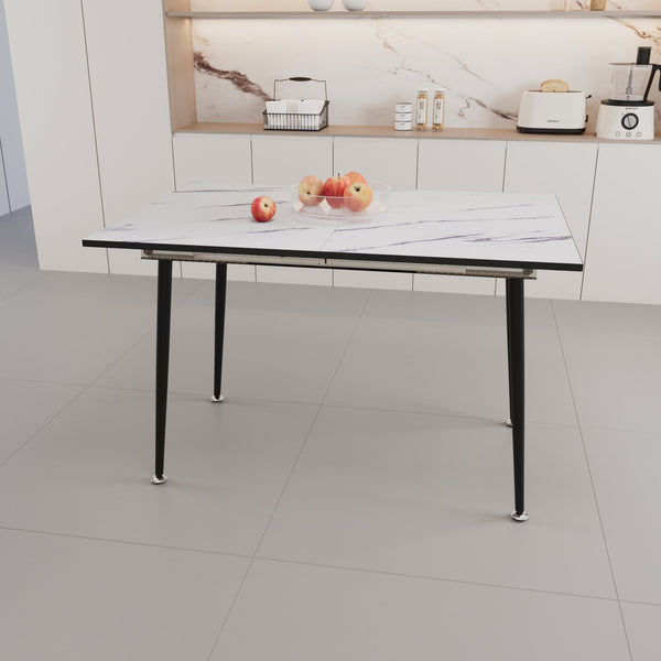 English Elm 47" Expandable to 63" MDF Square Dining Table with White Marble Pattern, Matte Black Tapered Legs, Modern Sleek Design W2189P174790