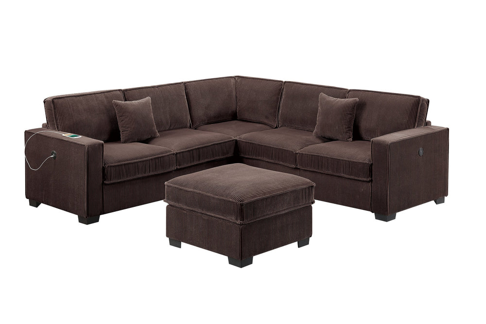 English Elm Modern Corduroy Sectional Set with Usb Charging Ottoman and Accent Pillows for Living Room B011S02198