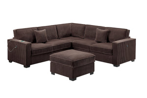 English Elm Modern Corduroy Sectional Set with Usb Charging Ottoman and Accent Pillows for Living Room B011S02198