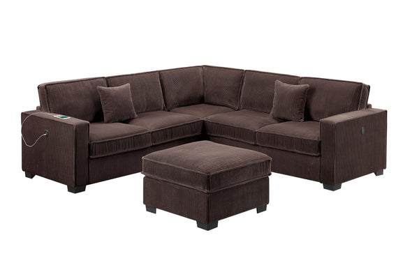 English Elm Modern Corduroy Sectional Set with Usb Charging Ottoman and Accent Pillows for Living Room B011S02198
