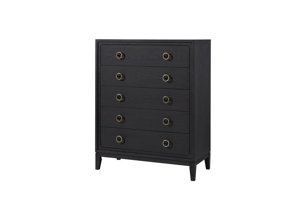 English Elm 5 Drawer Chest with Felt-Lined Top Drawer, Textured PU Finish, Smooth Side Guides, Ample Storage Appeal Black 45.25 L x 22.5 W x 53.25 H B2699P237494