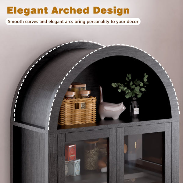 English Elm 71" Arched Glass Barn Door Pantry Cabinet Farmhouse Mdf Storage for Kitchen Dining Black W2917S00014