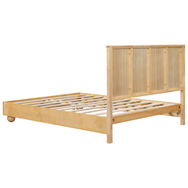 English Elm Christopher Knight Home® - Natural Queen Size Wood Bed Frame with Slatted Headboard, Rattan Breathable Design & Sturdy Metal Base N758Q640607N