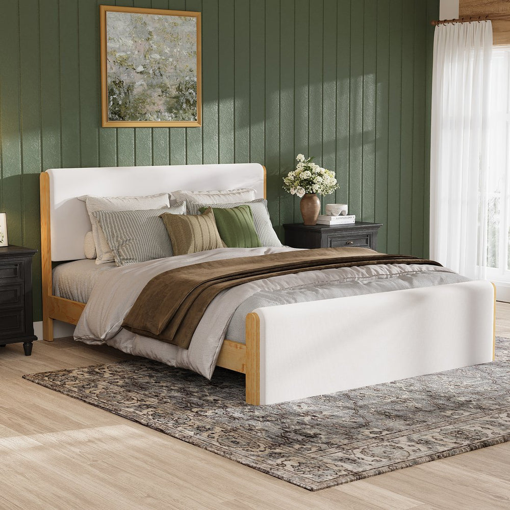 English Elm Queen Platform Bed Natural Wood Frame Beige Upholstered Headboard Low Profile N758Q909899N