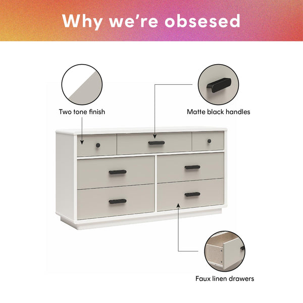 English Elm Valencia Seven Drawer Wide Dresser Dual Tone Laminate Matte Black Pulls Bedroom B2733S00020